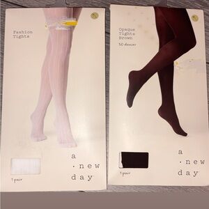 A New Day Size M/L Lot Of 2 Pairs Of Tights- White Ribbed & Opaque Brown New!